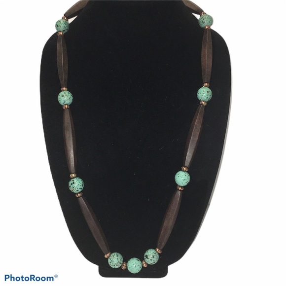 Boho necklace 31 " wood bead turquoise copper tone - Picture 1 of 2